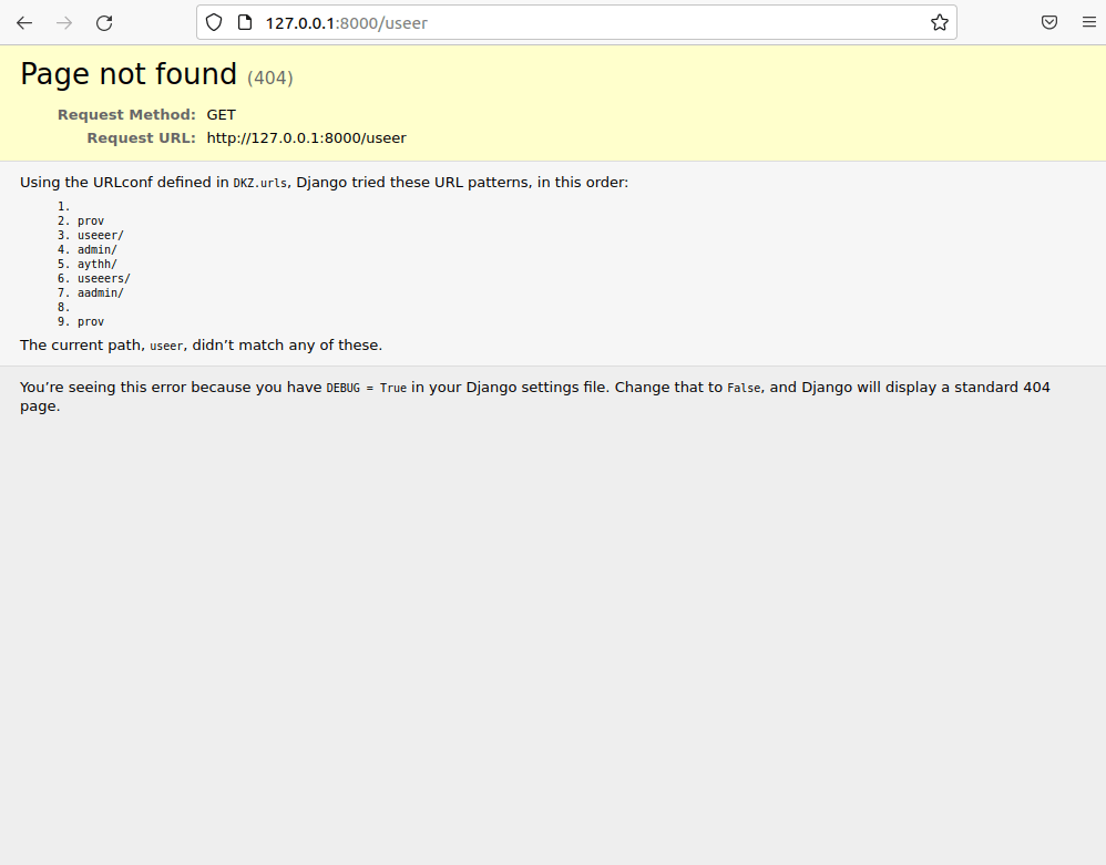 Окно ошибки при работе с приложением, видим, что Django не знает такого перехода и его необходимо прописать в url.py файлах